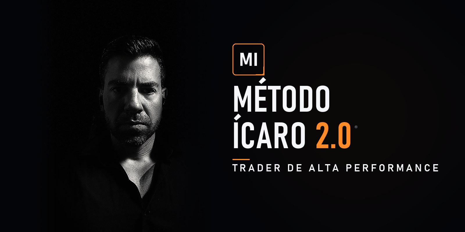 Marca do Método Ícaro 2.0: retrato em preto e branco de Ícaro Di Gaspare ao lado do nome do curso e da assinatura Trader de Alta Performance